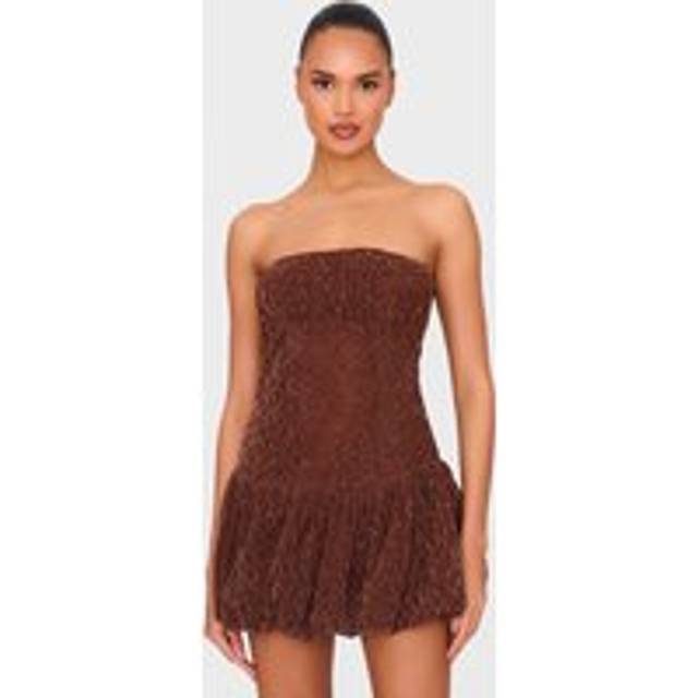 Chocolate Lace Bandeau Ruched Mini Dress, Chocolate - 12