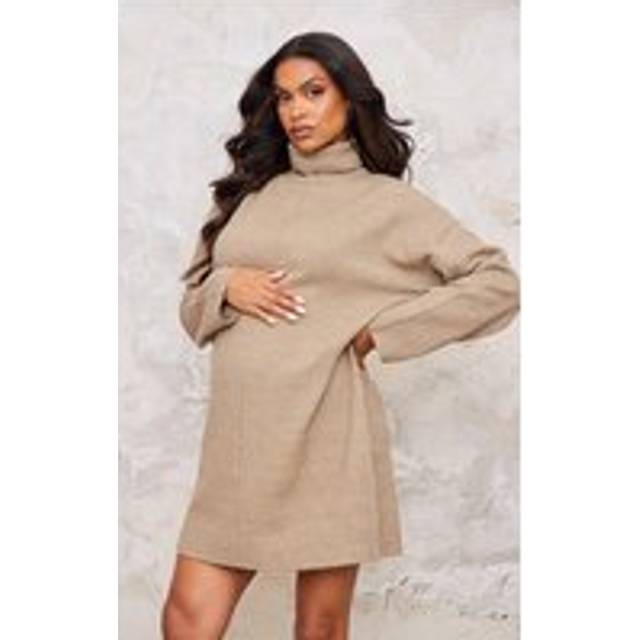 Maternity Mocha Soft Knit Roll Neck Oversized Seam Detail Jumper Dress, Brown - XS