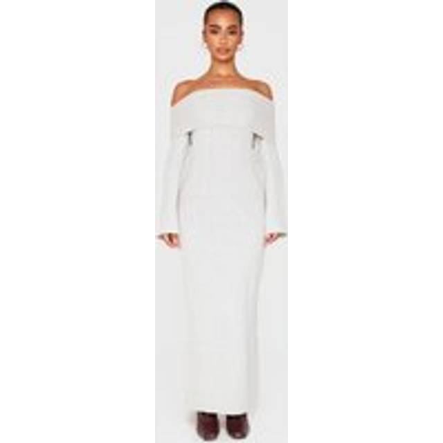 Petite Grey Rib Knitted Off The Shoulder Maxi Dress, Grey - L