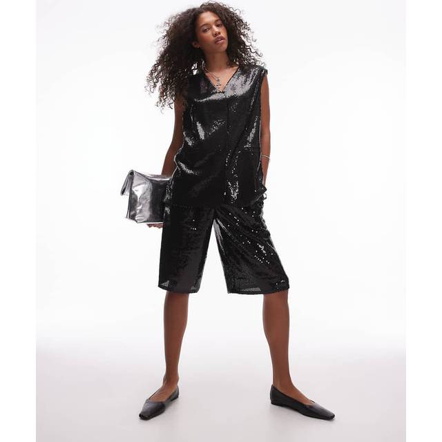Topshop – Svarta, knälånga shorts med paljetter, del av set-Svart/a