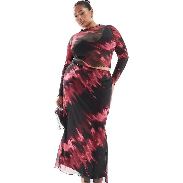 New Look Women's Plus Size Red Abstract Print Mesh Midi Skirt Curves - UK 18