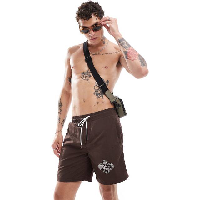 Copyright Emblem Mid Length Swim Shorts - Brown