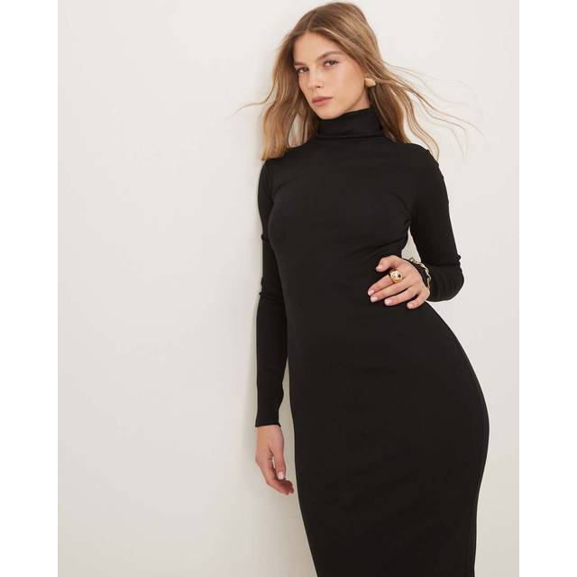 New Look Women's Black Ribbed Roll Neck Midi Dress - UK 14