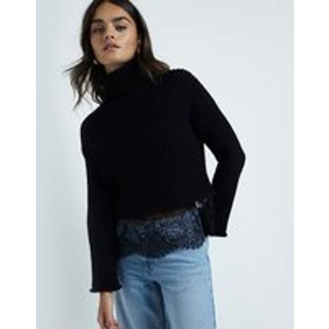 River Island Womens Black Roll Neck Lace Hybrid Jumper