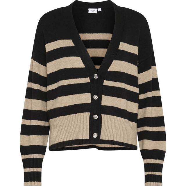 Black Cardigan with V-Neck and Stripes