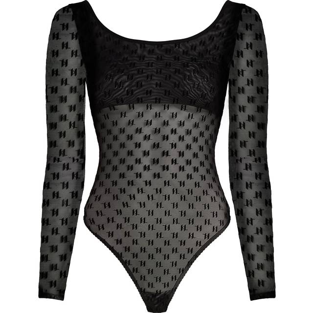 Karl Lagerfeld, Monogram Long-sleeved Mesh Bodysuit, Woman, Black, Size: XL