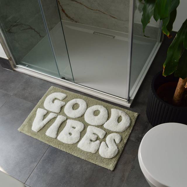Mooky Mats Good Vibes Slogan Bath Mat - Sage Green, Green