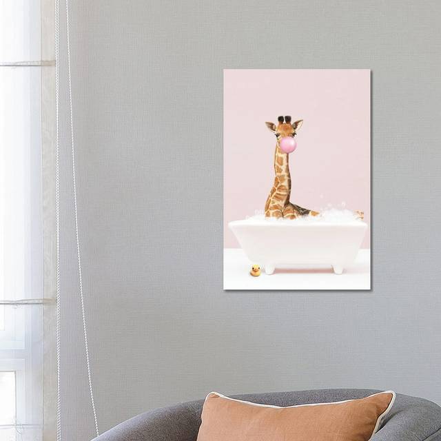 Baby Giraffe With Bubblegum In Bathtub - Canvas (66.04cm H x 45.72cm W x 1.91cm D)