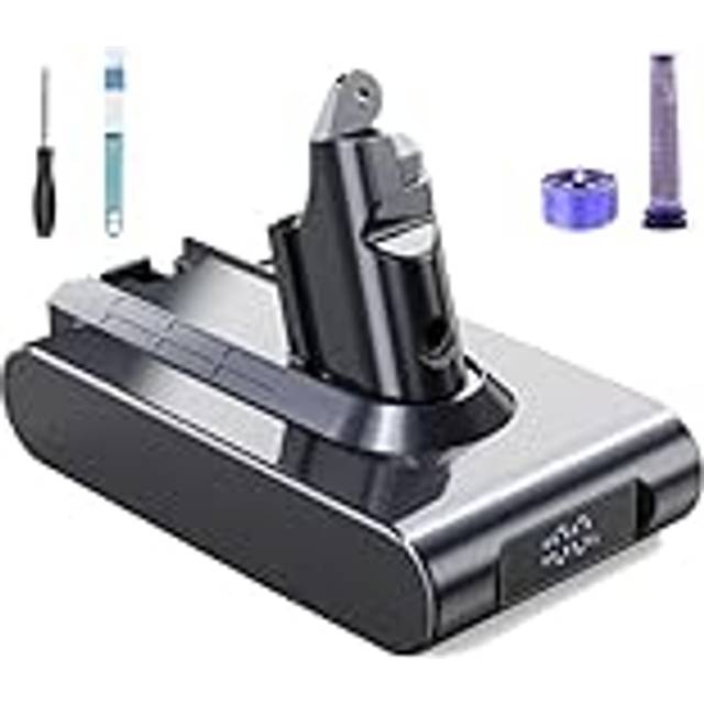 EVARY 6000 mAh V6 ersättningsbatteri med LCD-skärm för Dyson V6-batteri – kompatibel med DC62 DC58 DC59 DC61 Animal DC72 DC74 SV03 SV05 SV06 SV07 SV09 V6 absolut/motorhead/fluffig (inkl. 2 filter + 1