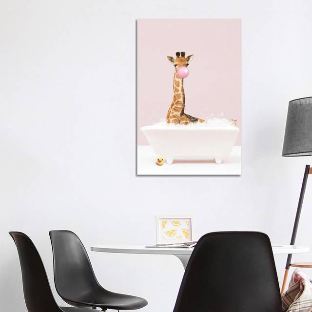 Baby Giraffe With Bubblegum In Bathtub - Canvas (101.6cm H x 66.04cm W x 3.81cm D)