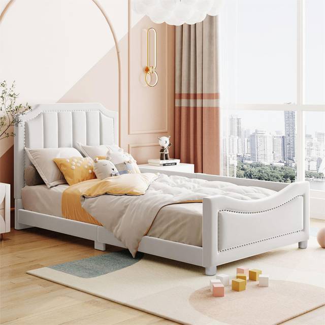 Upholstered Bed Daybed 90X200Cm With Hearboard - Beige (89.5cm H X 94.5cm W X 211cm L)