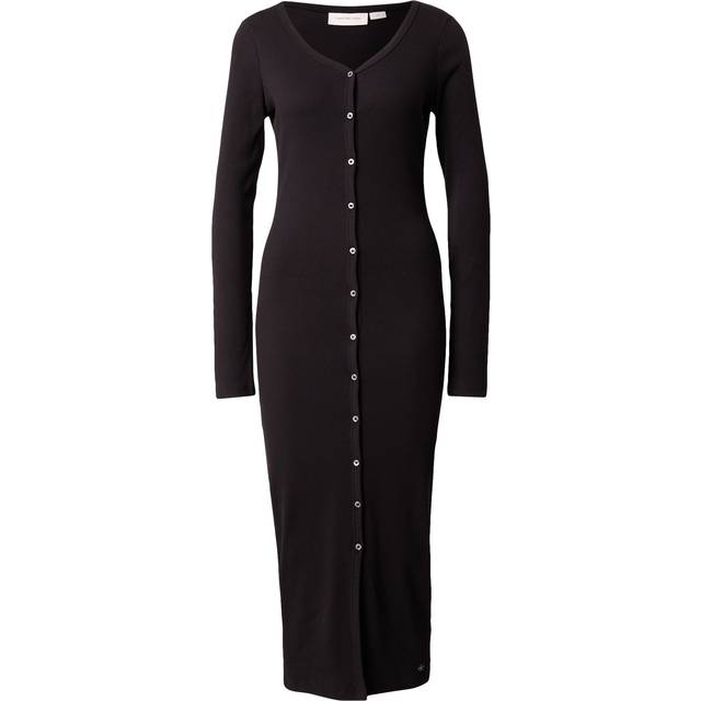 Slim Ribbed Buttoned Maxi Dress - Black - L
