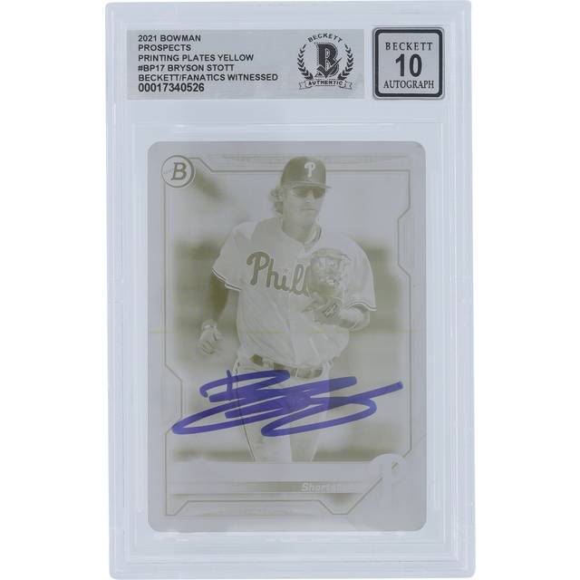 Bryson Stott Philadelphia Phillies Autographed 2021 Bowman Prospects Yellow Printing Plate #BP-17 #1/1 Beckett Fanatics Witnessed Authenticated 10 Card