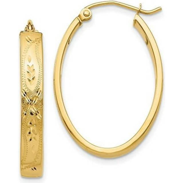 14K Yellow Gold Satin & Diamond-Cut Oval Hoop Earrings