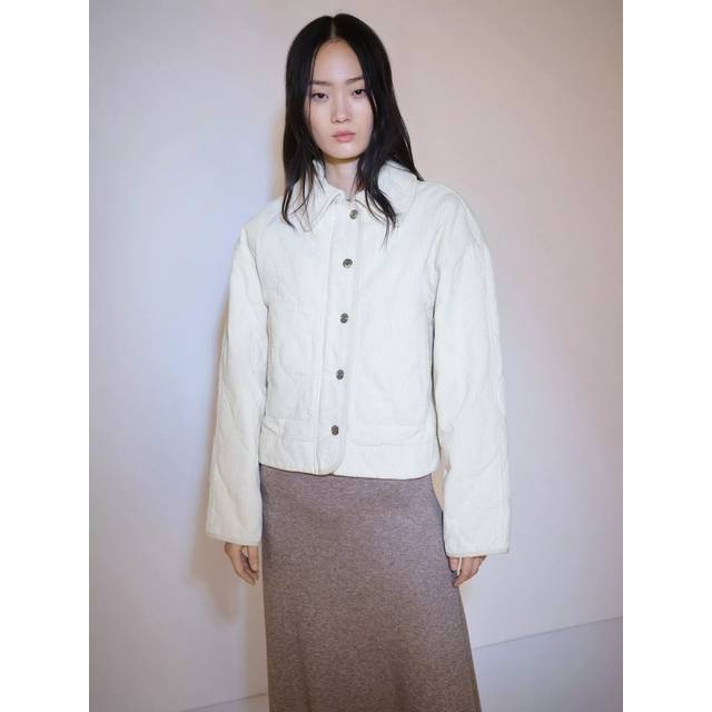 Mango Daisy Quilted Cord Bomber Jacket, Cream