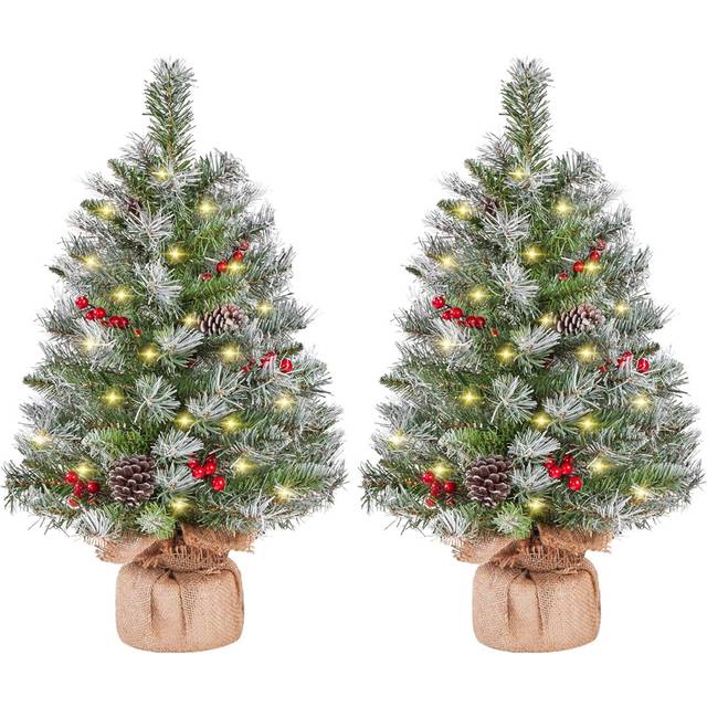2Pcs Pre-Lit Artificial Mini Tabletop Christmas Tree, 2Ft/66Cm Frosted Battery Operated Small Xmas Trees With 35 LED Lights, 42 Red Berries & 6 Pineco - Green