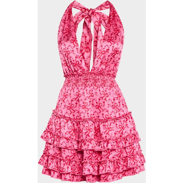 Quintelle Silk Bow-Printed Halter Mini Dress - RASPBERRY BURST - X-Large