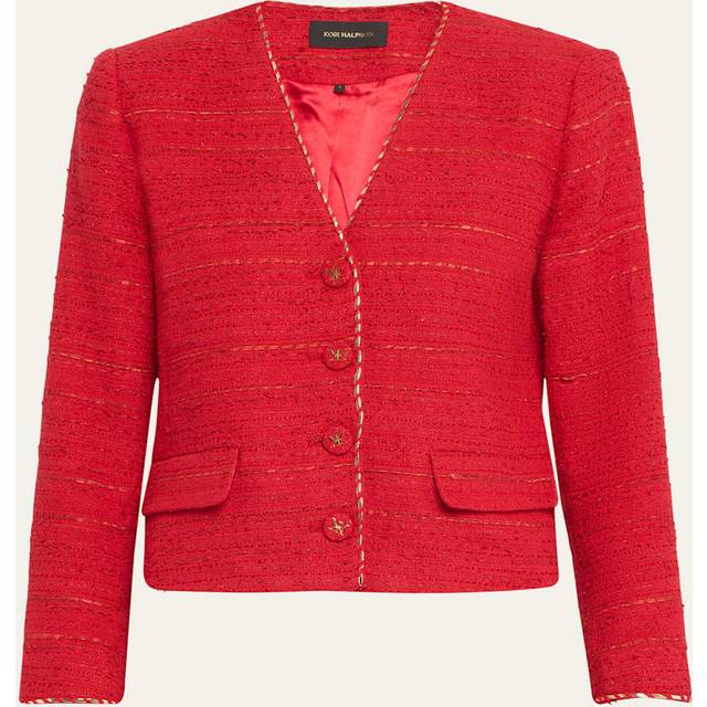 Clara Metallic-Trim Textured Tweed Jacket - SCARLET - X-Large