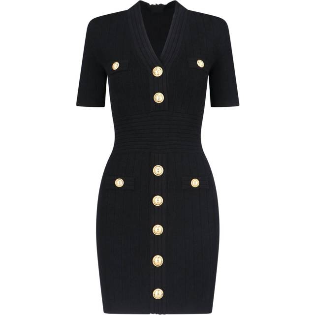 Balmain Women&#39;s Knitted V-Necked Dress in Black | Size 36 | EF1R6045 (36)