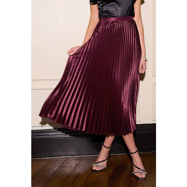 Red Satin Pleated Midi Skirt