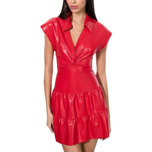 Mila Vegan Leather Deep V Twist-Front Mini Dress - BRIGHT RUBY - 10