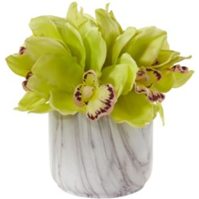 Nearly Natural Cymbidium Orchid Artificial Arrangement In Marble Vase