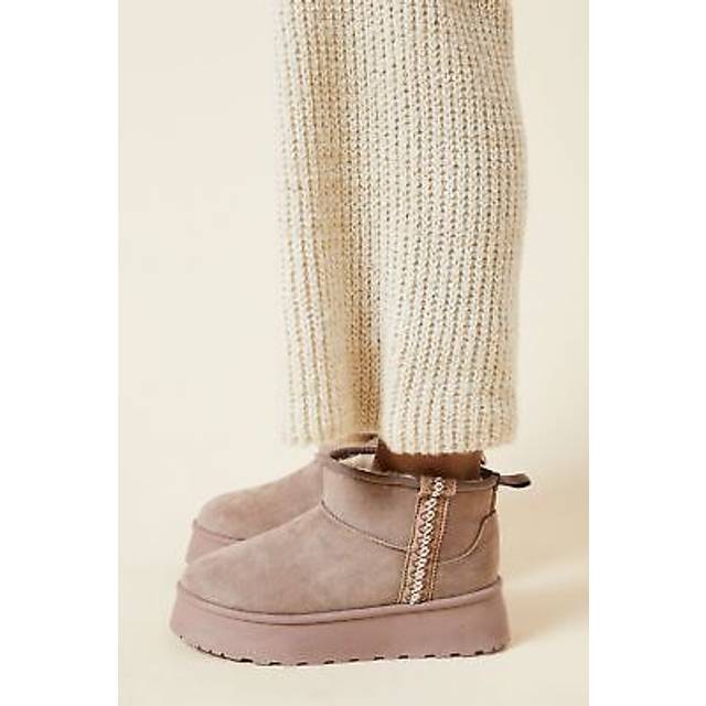 Womens Hania Suedette Faux Fur Lined Stitch Detail Cosy Chunky Flatform Ankle Boots - Taupe - 4