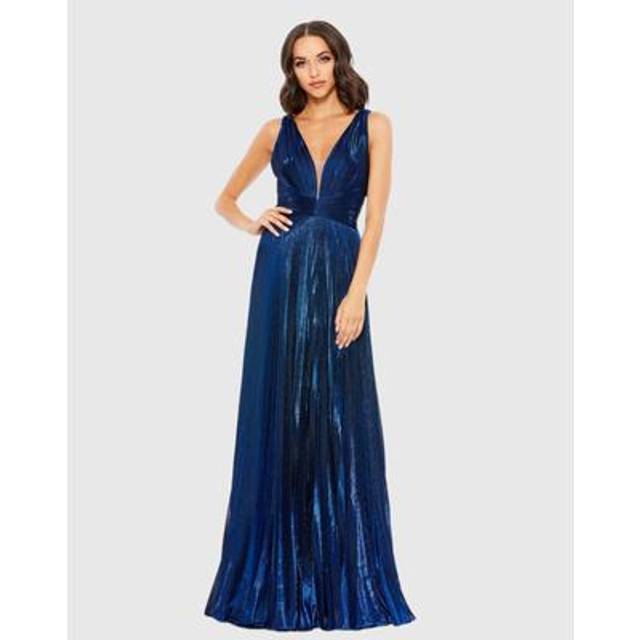 Mac Duggal Plunge Neck Pleated Metallic Gown