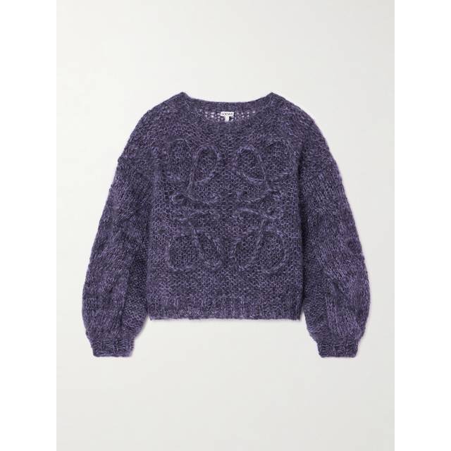 Anagram Sheer Knit Sweater - Black / Purple  1106 - Jonathan Anderson brings things back to basics with the SS25 collection from Loewe focusing on silhouette, and specifically bending and flowing shapes, seen in the design of this sheer sweater. Spun from a medium-weight mohair-blend, it is framed with a crew neckline and long balloon-style sleeves, adorned with a hand-finished anagram logo appliqué to the front and cable knit detailing at the sleeves.