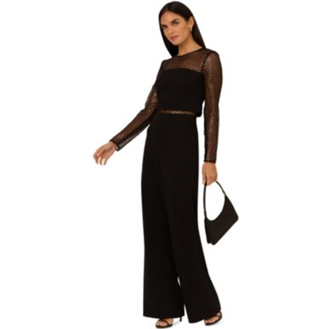 Long Sleeve Sequin Mesh Detail Jumpsuit In Black - 14
