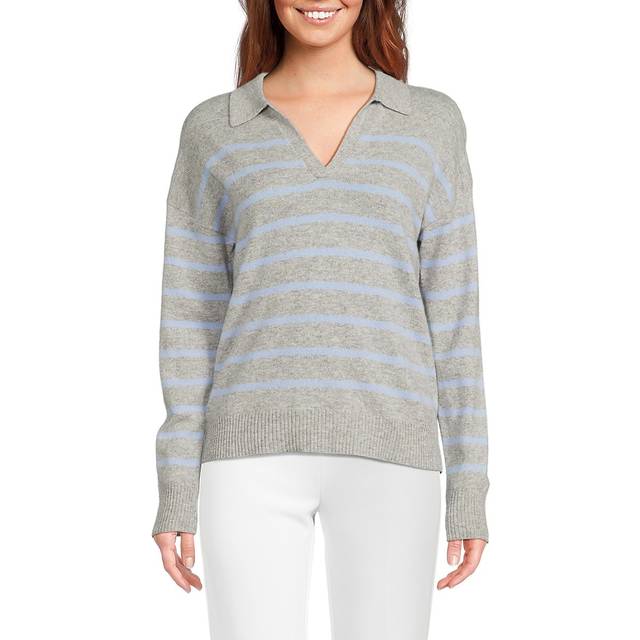 Amicale Cashmere Striped V-Neck Johnny Collar Cashmere Sweater