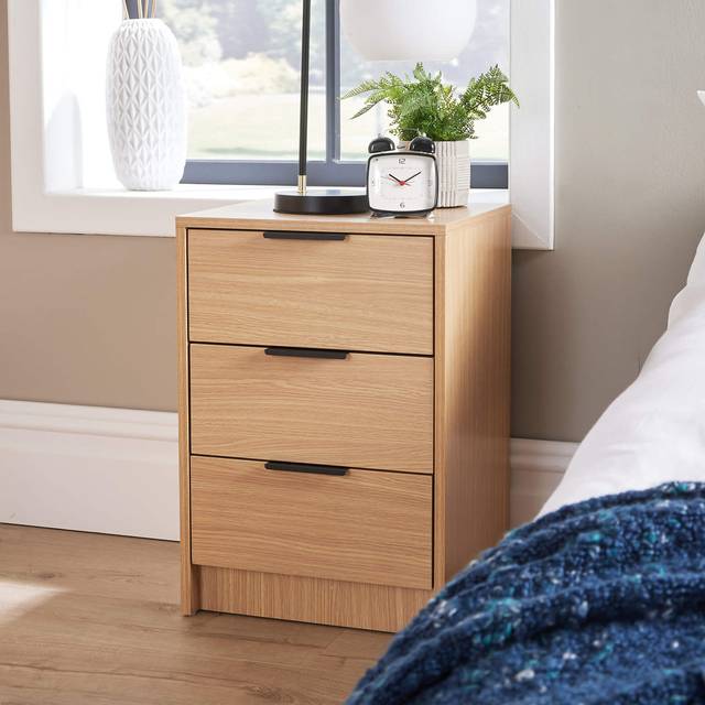 Bedside 3 drawer storage oak effect clothing nightstand organiser home bedroom
