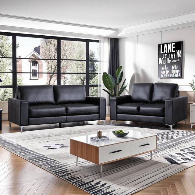 Modern Black Faux Leather 2-Piece Living Room Set: Sleek And Comfortable 80&#34; 3-Seater Sofa & 58&#34; 2-Seater Loveseat With Plush Cushions And Wide Armres (2)