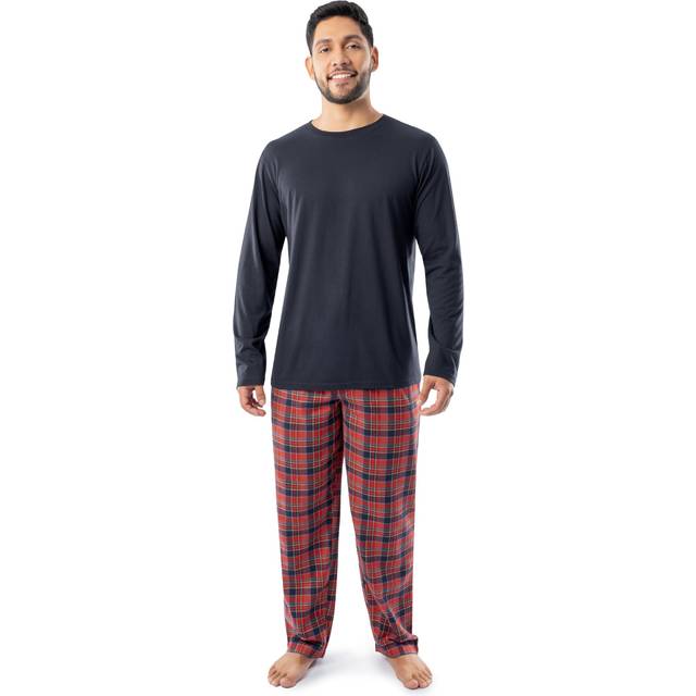 Fruit of the Loom Men's Jersey Knit Top and Flannel Pant Pajama Sleep Set  Navy/Red Plaid