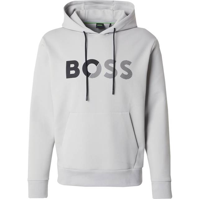 BOSS Soody Regular Fit Rubberised Chest Logo Hoodie - Light Grey, Light/Pastel Grey, Size S, Men