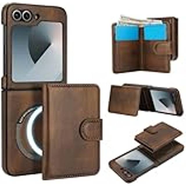 XIMAND för Samsung Galaxy Z Flip 5 fodral med 2-i-1 avtagbar magnetisk plånbok, 4 kortplatser och kontantfack, kompatibel med MagSafe, RFlD-blockering premium PU-läder trådlös laddning brun