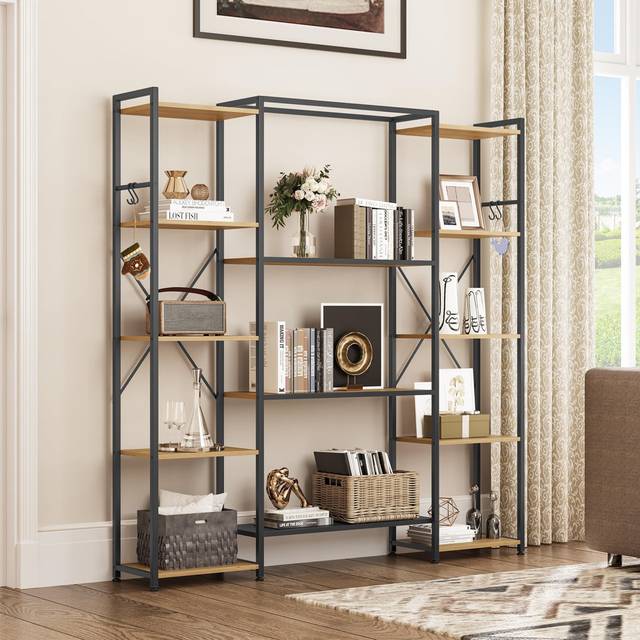 Bookcase Industrial Bookshelf 13 Layer Floor Standing Shelving Unit Wooden Bookshelf Metal Frame Bookshelf - Black;Beige (10cm W X 10cm D)