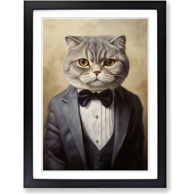 Cat in a Suit Painting No.6 - Black Framed (34cm H x 25cm W)