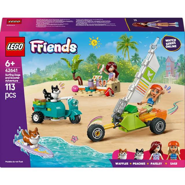 LEGO Friends Äventyr med surfhundar och vespa Byggleksak för flickor och pojkar från 6 år, Present med 2 minidockor och 2 leksaksdjur, Kreativt lekset med corgihundar 42641