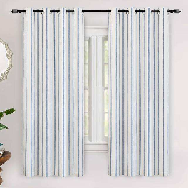 DriftAway Farmhouse Linen Blend Blackout Curtains 63 Inches Long for Bedroom Vertical Striped Printed Linen Curtains Thermal Insulated Grommet Lined T