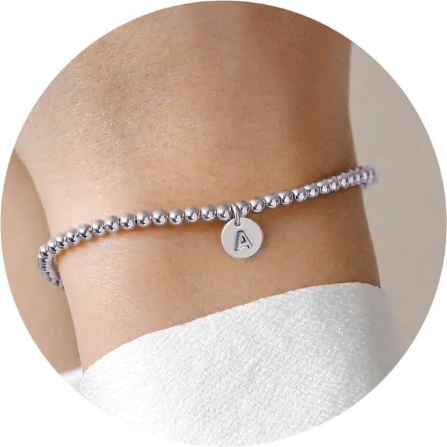 Turandoss Initial Bracelet for Women - Dainty 925 Sterling Silver Initial A Charm Disc Bracelet for Women Trendy  Beaded Letter Bracelet  Womens Alpha