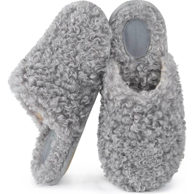 Snug Leaves Women's Scuff Slippers Furry Cute Curly Faux Wool Slip-on Indoor Memory Foam House Shoes Ash Gray  5-6 US
