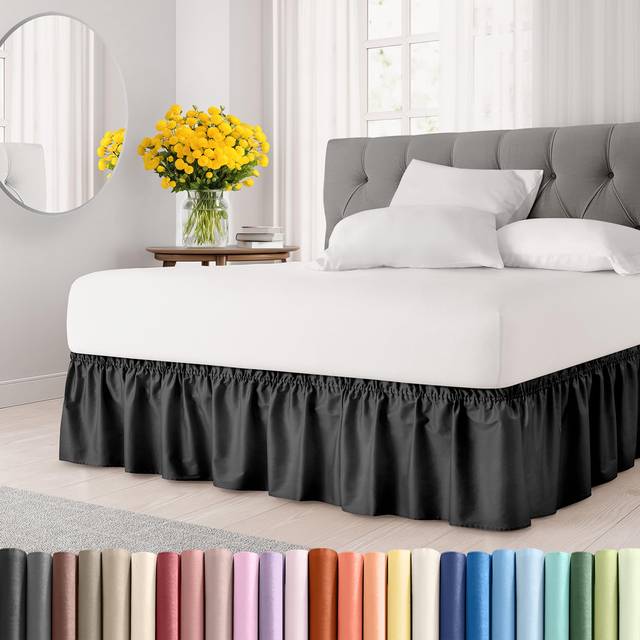 Wrap Around Dust Ruffle Bed Skirt - Black - Bed Skirt for Full Size Beds with 18 in. Drop - Easy Fit Elastic Strap - Pleated Bedskirt with Brushed Fab