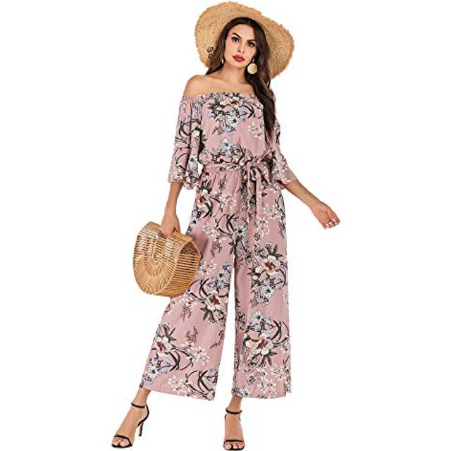 Love Welove Fashion Women 's Summer Floral Off Shoulder ruffled Short Sleeve High Waist Wide Leg Pants Casual Loose Jumpsuit Romper (XL  Pink floral)