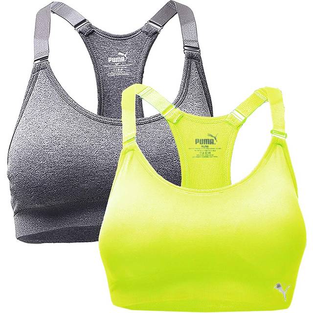 PUMA Women's Seamless Sports Bra with Removable Cups 2/PK  Yellow/Grey  Medium