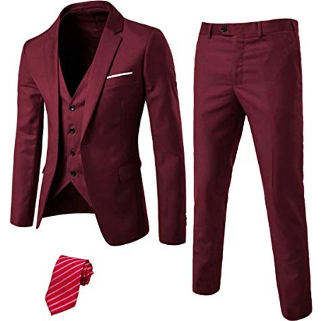 EastSide Men's Slim Fit 3 Pieces Suit  One Button Blazer Set  Jacket Vest & Pants Burgundy  Medium