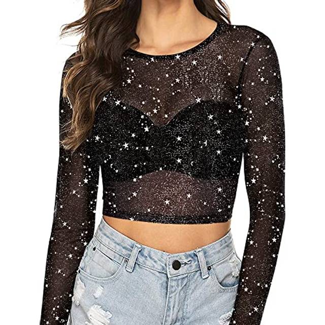 MANgOPOP Womens Short Sleeve Long Sleeve Sheer Mesh crop Tops Tee Shirt Blouse 1112 Silver glitter  X-Large