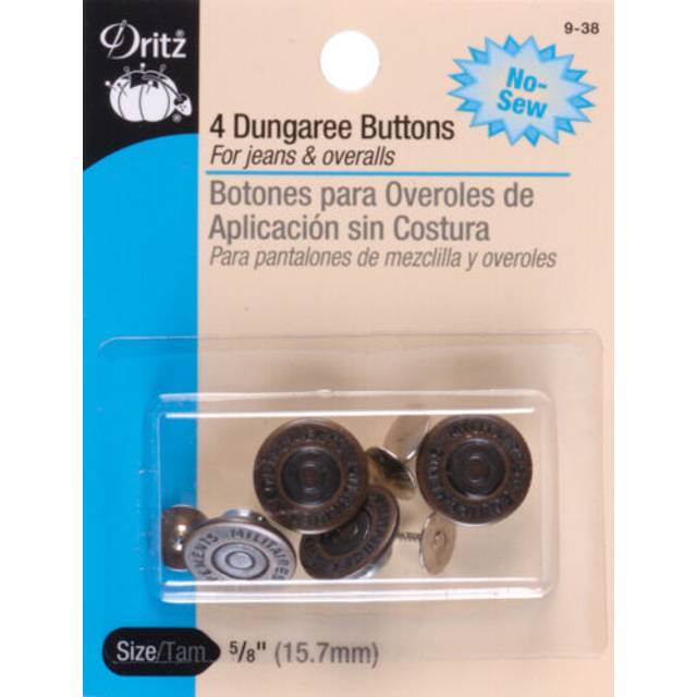 "Dritz 5/8"""" No-Sew Dungaree Buttons  4 Sets  Antique Brass"