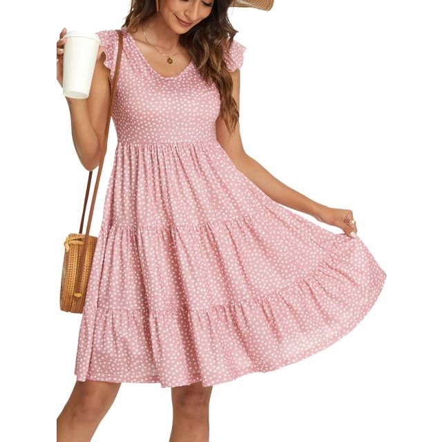 Maloura Womens Summer Tiered Sleeveless Babydoll Dress V-Neck 2022 Casual Mini Tunic Dress Ruffle Cuff Short Sundress Pink Dot S