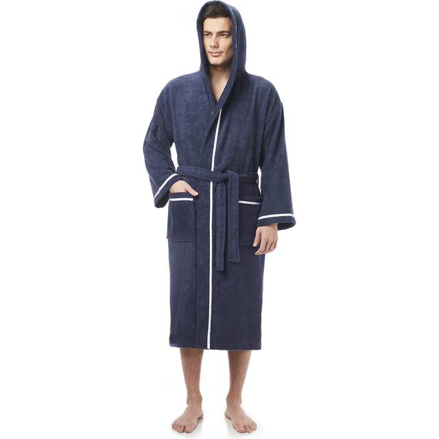 Arus Men's Hooded Classic Bathrobe Turkish Cotton Robe with Full Length Options  Navy w White Large-X-Large